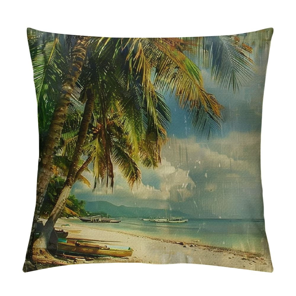 Flax Throw Pillow Cover Blue Hawaii Tropical Beach Retro Styled Vintage Palm Tree Pillowcase Home Decor Square Pillow Case Cushion Cover Walmart