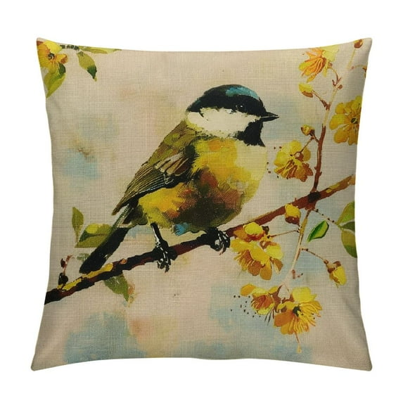 Flax Throw Pillow Cover Blue Painting Watercolor Bird Chickadee Tit Branch Colorful Artistic  Pillowcase Home Decor Square Cotton Linen Pillow Case Cushion Cover