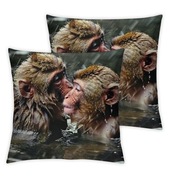 Flax Throw Pillow Cover Japanese Macaques Snow Monkeys Bathing in Hot Spring Jigokudani Inches Pillowcase Home Decor Square  Pillow Case Cushion Cover