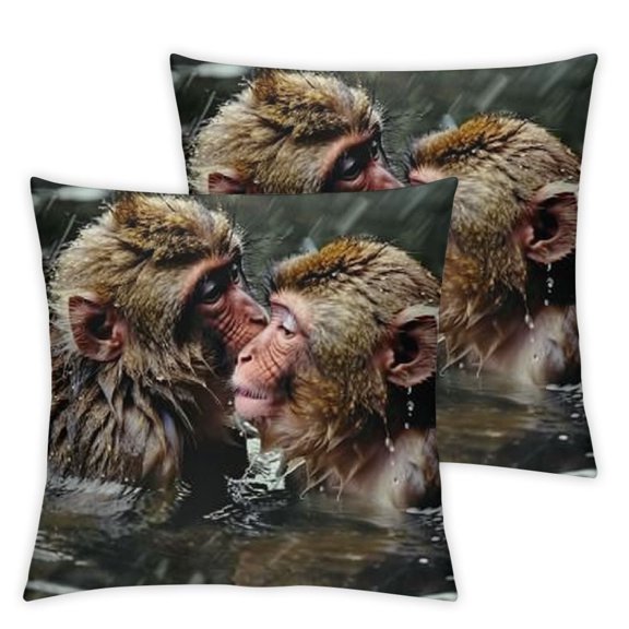 Flax Throw Pillow Cover Japanese Macaques Snow Monkeys Bathing in Hot Spring Jigokudani Inches Pillowcase Home Decor Square Pillow Case Cushion Cover