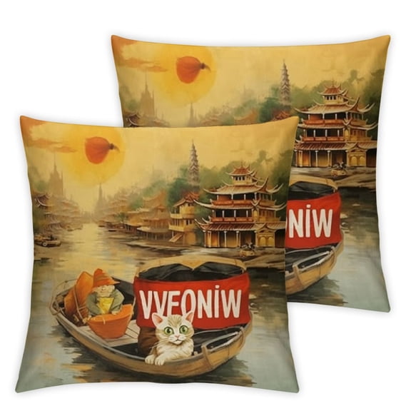 Flax Throw Pillow Cover Travel to Vietnam of Traditional Vietnamese Cultural Symbols Landmarks Pillowcase Home Decor Square Pillow Case Cushion Cover