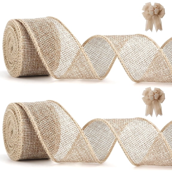 Flaxen Burlap Wired Ribbon, 2 Rolls, 1.6 Inch x 5 Yards for Gift Wrapping, Christmas Tree, Wreath, Thanksgiving Decor
