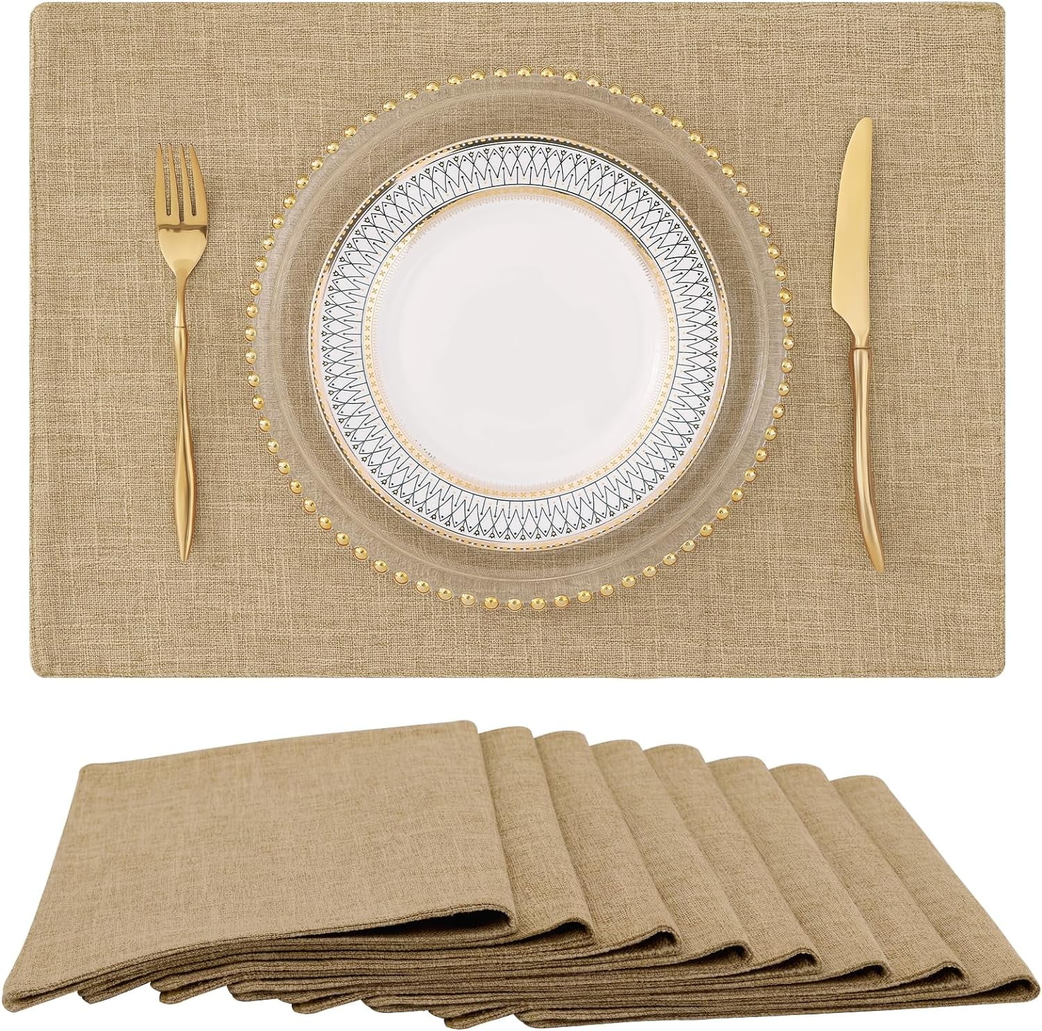 Flaxen Cloth Placemats Set of 8 Cotton Linen Blend Washable Dining Table Mats for Indoors & Outdoors, Easy to Clean, 13 x 19 Inch
