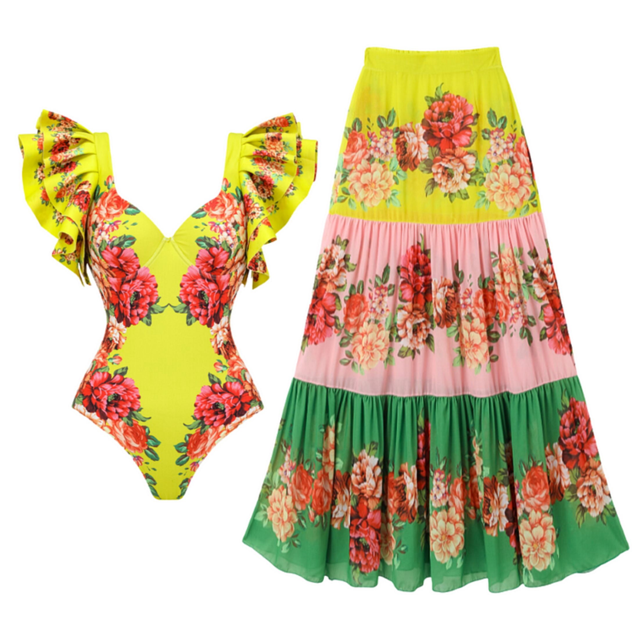 Flaxmaker Ruffled Colorful Flower Print One Piece Swimsuit and Skirt ...