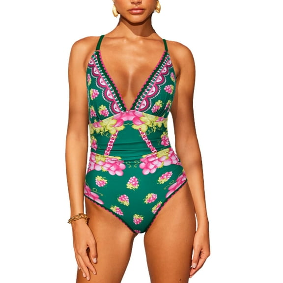 Flaxmaker Women Deep V Retro Green Grapes Print One Piece Swimsuit and Skirt Bathing Suit Two Pieces Swimwear Set