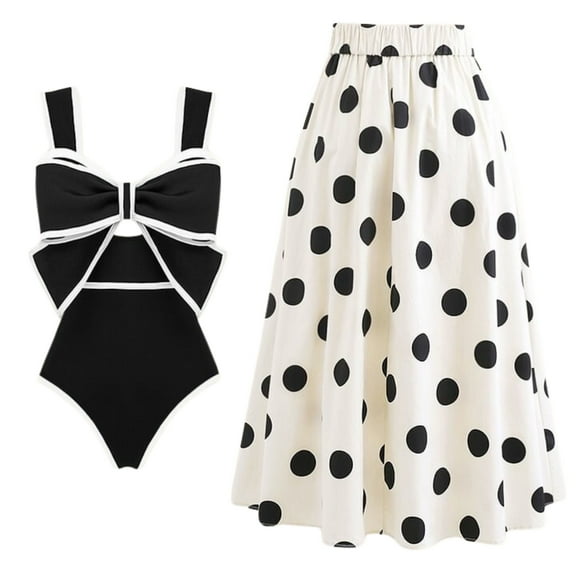 Flaxmaker Women One Piece Swimsuit Black Bow-tie Cut Out Polka dot Print Bathing Suit Two Pieces Swimwear Set