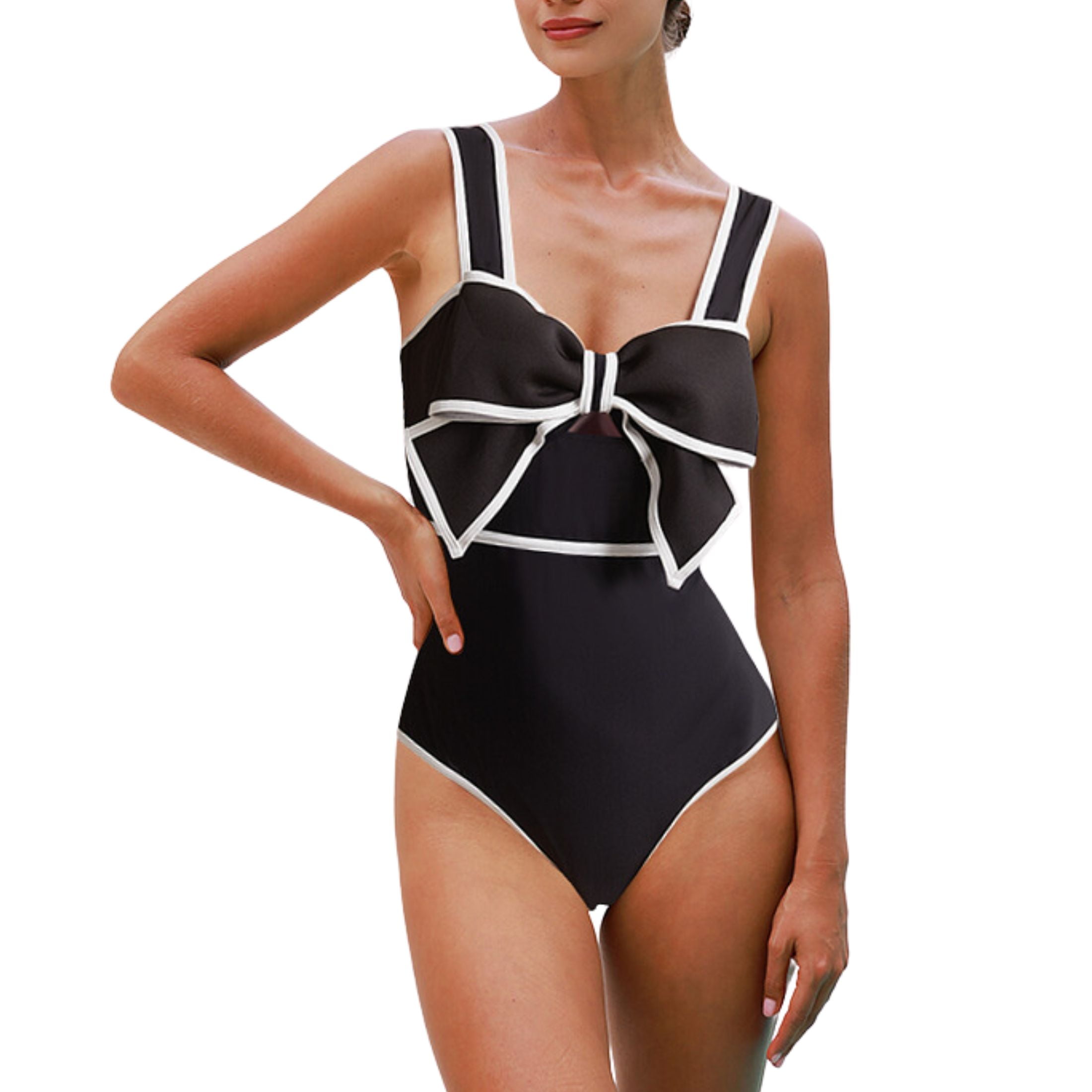 Flaxmaker Women One Piece Swimsuit Black and White Bow tie Cut Out Polka dot Print Bathing Suit Two pieces Swimwear Set Walmart
