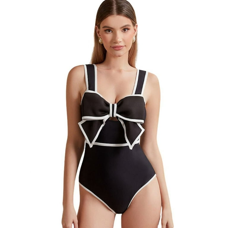 Flaxmaker Women One Piece Swimsuit Black Bow tie Cut Out Polka Dot Print Bathing Suit Two Pieces Swimwear Set