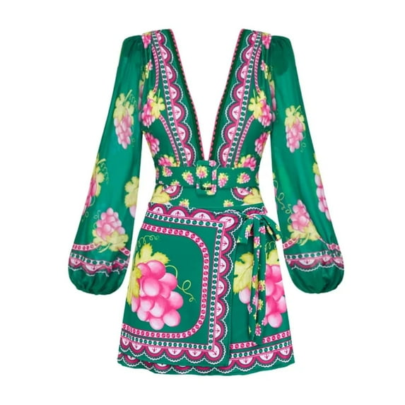Flaxmaker Women One Piece Swimsuit Long Sleeve Deep V Neck Grapes Print Padded Swimsuit Two Piece Swimwear Bathing Suits