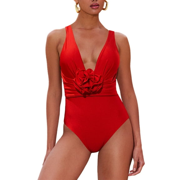 Flaxmaker Women One Piece Swimsuit Red Deep V Neck 3D Flower Removable Bathing Suit Two pieces Swimwear Set