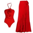 thumbnail image 1 of Flaxmaker Women One Piece Swimsuit Red Halter 3D Flower Removable shoulder straps Bathing Suit Two Pieces Swimwear Set, 1 of 8