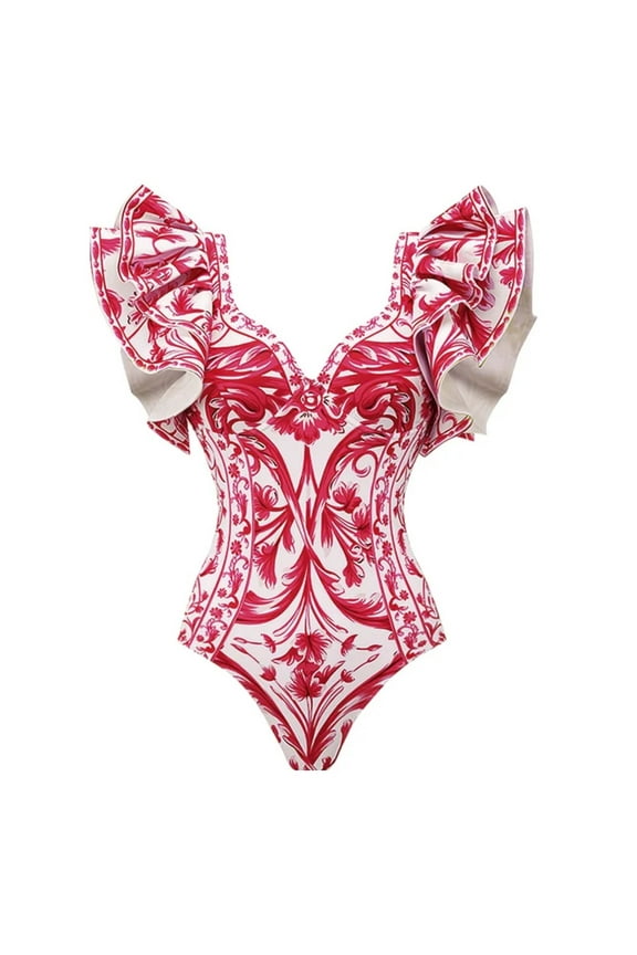 Women One Piece Swimsuit Set Baroco Style Printed Double ruffles Padded Swimsuit and Skirt Two Piece Bathing Suit Swimwear