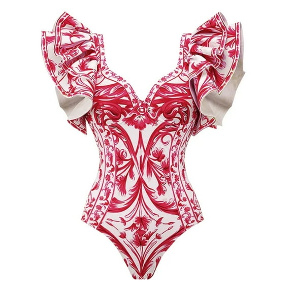 Flaxmaker Women One Piece Swimsuit Set Baroco Style Printed Double ruffles Padded Swimsuit and Skirt Two Piece Bathing Suit Swimwear