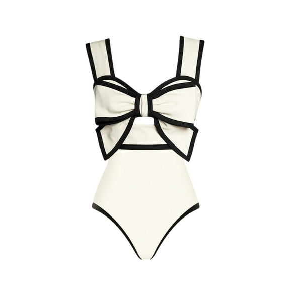 Flaxmaker Women One Piece Swimsuit Set Color Bow Cutout Black and White Padded Swimsuit and Skirt Two Piece Bathing Suit Swimwear
