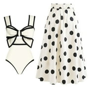 FLAXMAKER Women One Piece Swimsuit Set Color Bow Cutout Black and White Padded Swimsuit and Skirt Two Piece Bathing Suit Swimwear