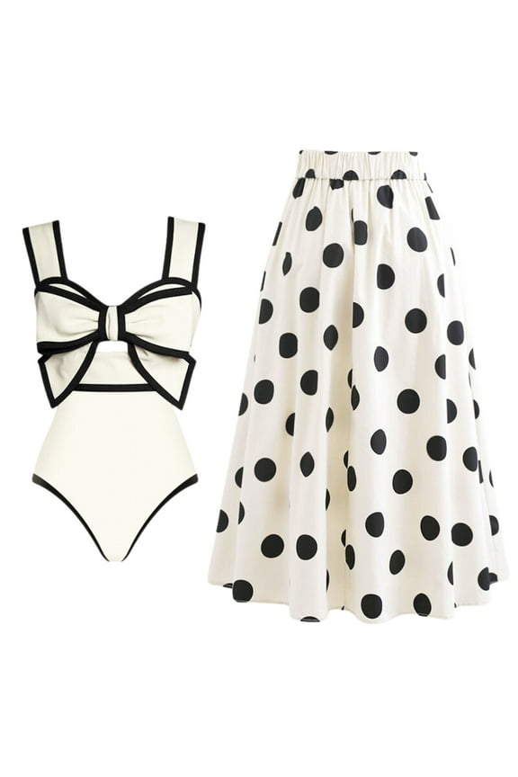 Women One Piece Swimsuit Set Color Bow Cutout Black and White Padded Swimsuit and Skirt Two Piece Bathing Suit Swimwear
