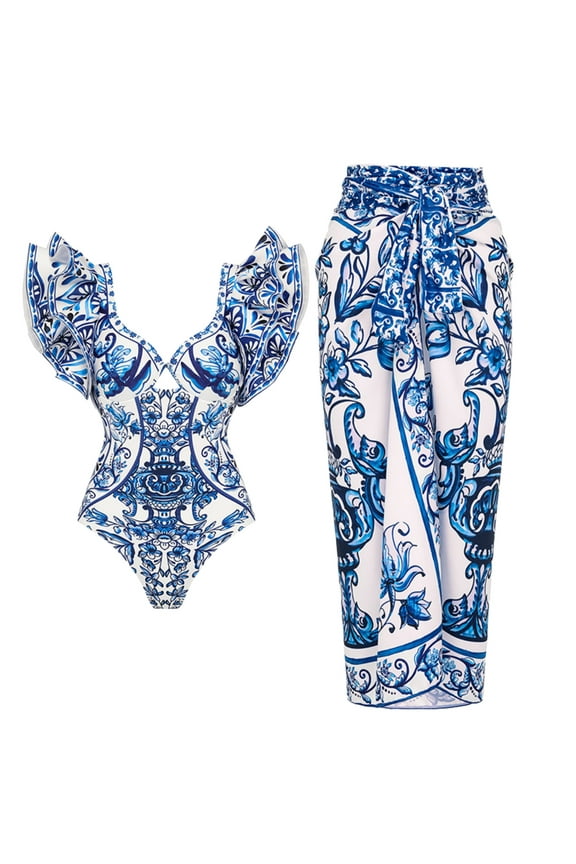 Women One Piece Swimsuit Set Ruffle Blue White Porcelain Pattern Print Two Piece Bathing Suit Swimwear