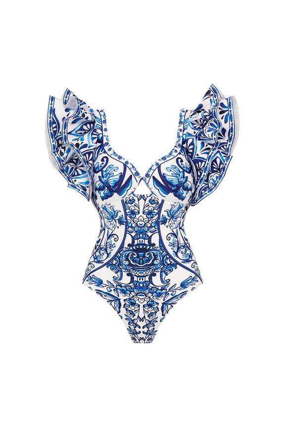 Women One Piece Swimsuit Set Ruffle Blue and White Porcelain Pattern Print Two Piece Bathing Suit Swimwear