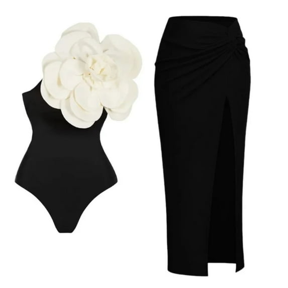 Flaxmaker Women Sexy 3D Flower One Shoulder One Piece Swimsuit and Skirt Bathing Suit Two pieces Swimwear