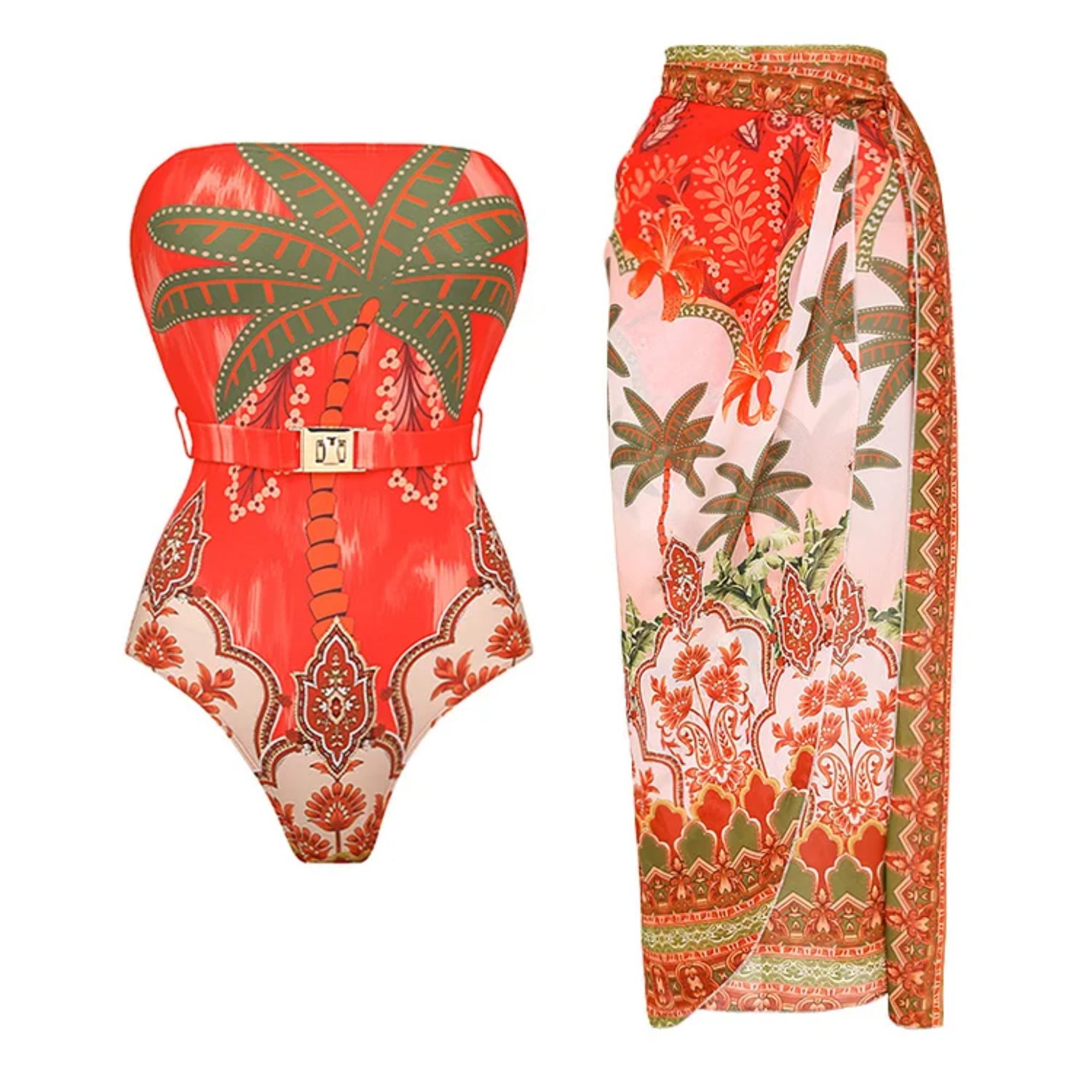 Flaxmaker Women Swimsuit Off Shoulder Coconut Palm Print One Piece With ...