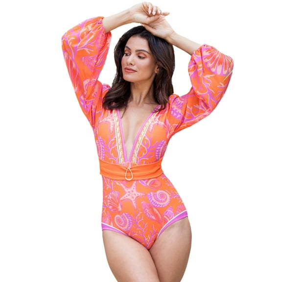 Flaxmaker Women's Long-sleeved V Neck Marine Plant Pattern Print One Piece Swimsuit and Skirt Bathing Suit Monokini