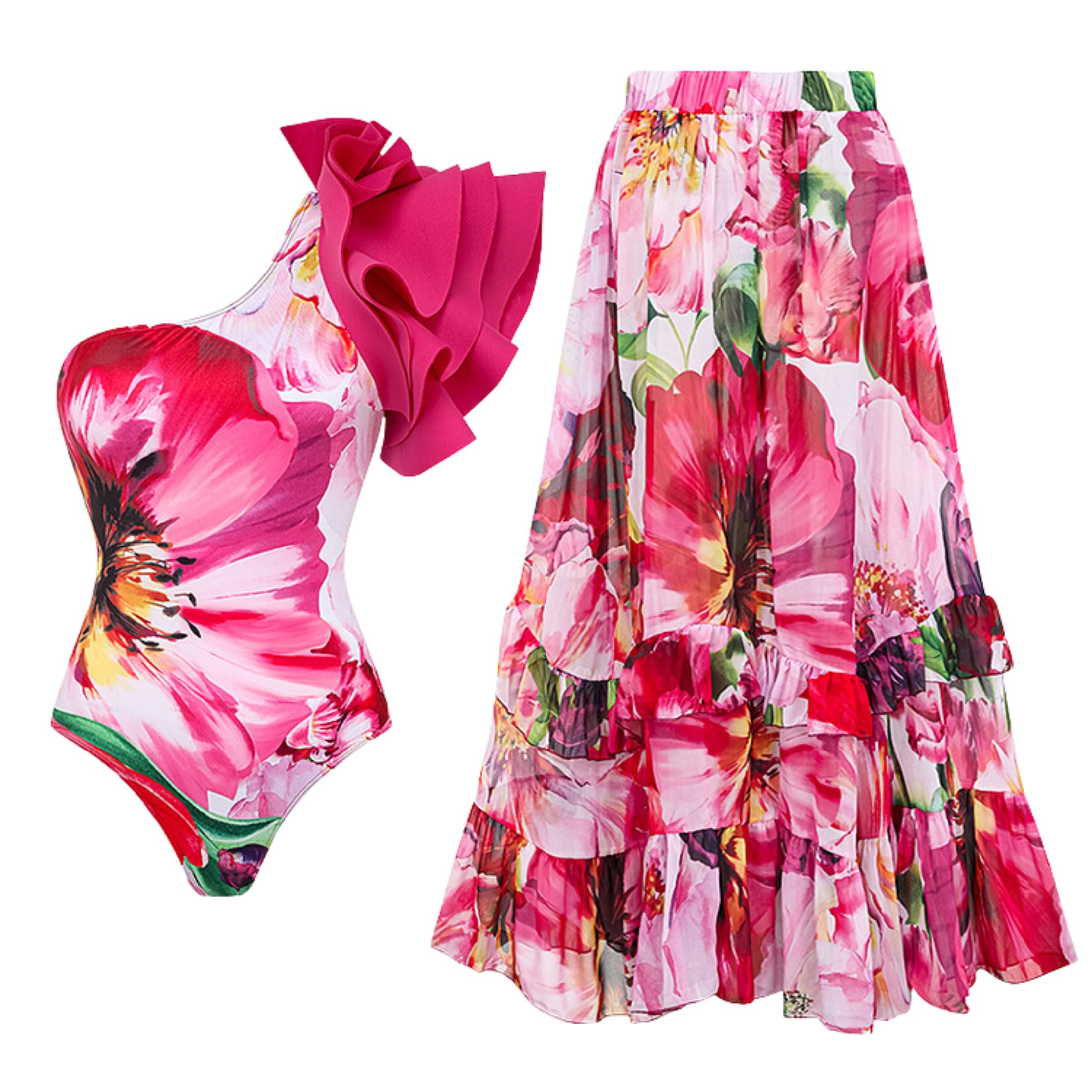 Women's 3D Flower One Shoulder Swimsuit & Skirt Set