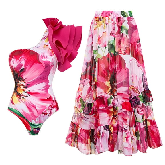Flaxmaker Women's Ruffle One Shoulder Flower Printed One Piece Swimsuit and Skirt Two Pieces Bathing Suit
