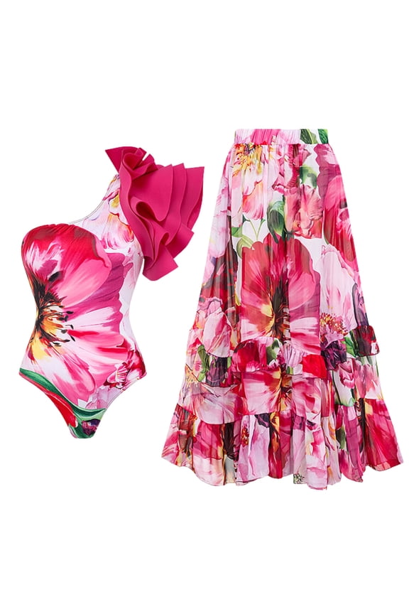 Women's Ruffle One Shoulder Flower Printed One Piece Swimsuit and Skirt Two Pieces Bathing Suit