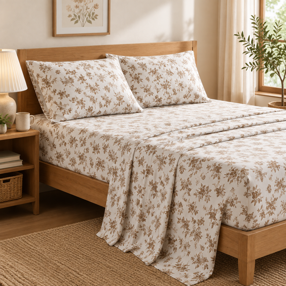 - Flbed Sheets 4-piece Sheet Set Shabby Chic Botanical Coquettetagecore Vintflower Pattern Printed Bedding Deep Pocket Brown Taup