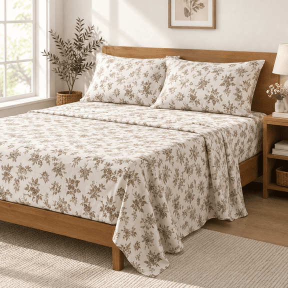 - Flbed Sheets 4-piece Sheet Set Shabby Chic Botanical Coquettetagecore Vintflower Pattern Printed Bedding Deep Pocket Brown Taup