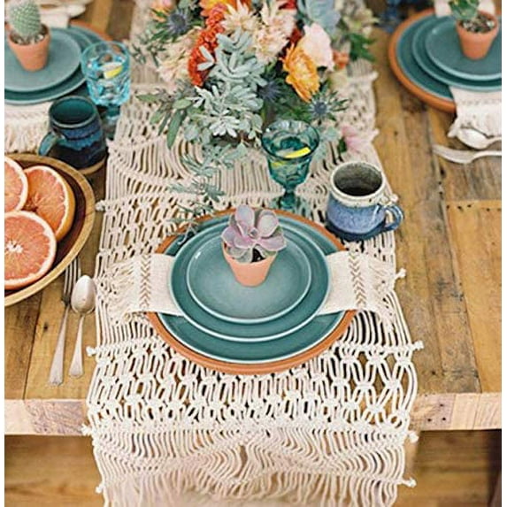 Flber Macrame Table Runners Handwoven Boho Wedding Table Decoration Bedding Blanket,13.8"Wx 94"L