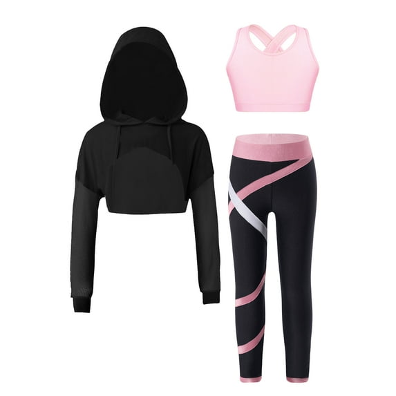 Fldy 3 Pcs Dance Suit for Girls Long Sleeve Hoodie Sweatshirts Sleeveless Tank Top with Legging Set Pink 6