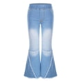 thumbnail image 1 of Fldy Girls Distressed Flared Jeans Elastic Waist Bell-Bottoms Trousers Kids Washed Denim Raw Edge Light Blue 14, 1 of 5