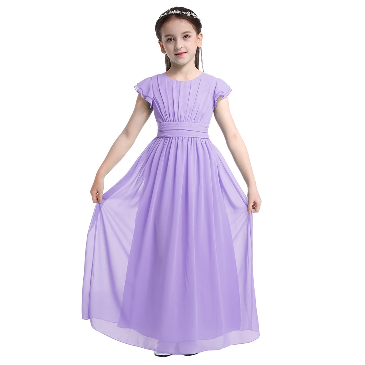 Girls' Flutter Sleeve Ruffled Flower Girl Dress - Long Prom Gown, Polyester Chiffon, Ages 4-14