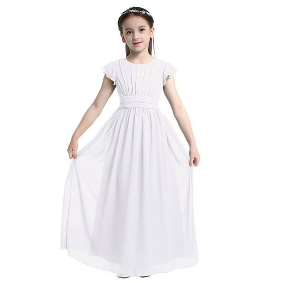 Fldy Girls' Kids' Flutter Sleeves Ruffles Bridesmaid Prom Gown Party Long Flower Girl Dress White 8