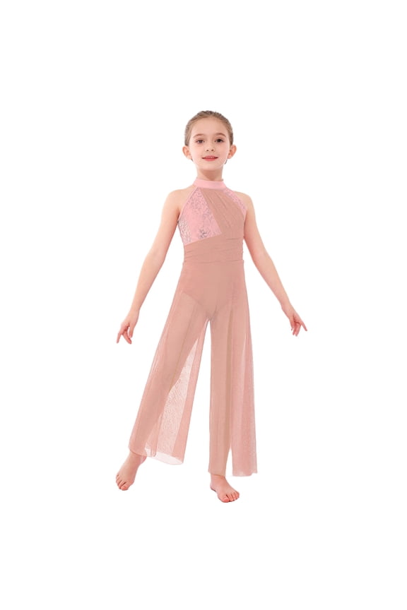 Girls Kids One Piece Dance Jumpsuit Sleeveless Mock Neck Shiny Sequins Bodice Shimmery Mesh Split Wide-Leg Bodysuit Pink 6