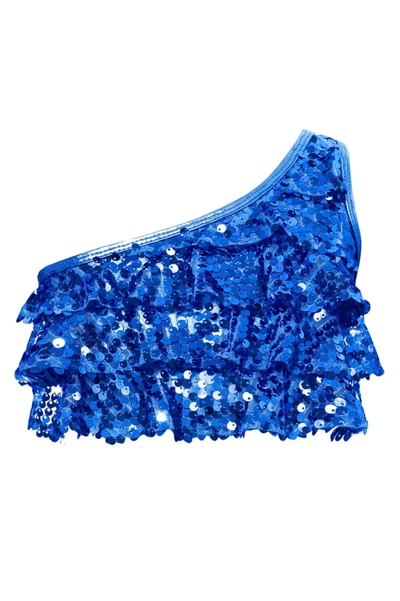 Girls Sequins Single Shoulder Ruffle Jazz Latin Hip Hop Disco Belly Ballet Dance Crop Top Vest Royal Blue 4