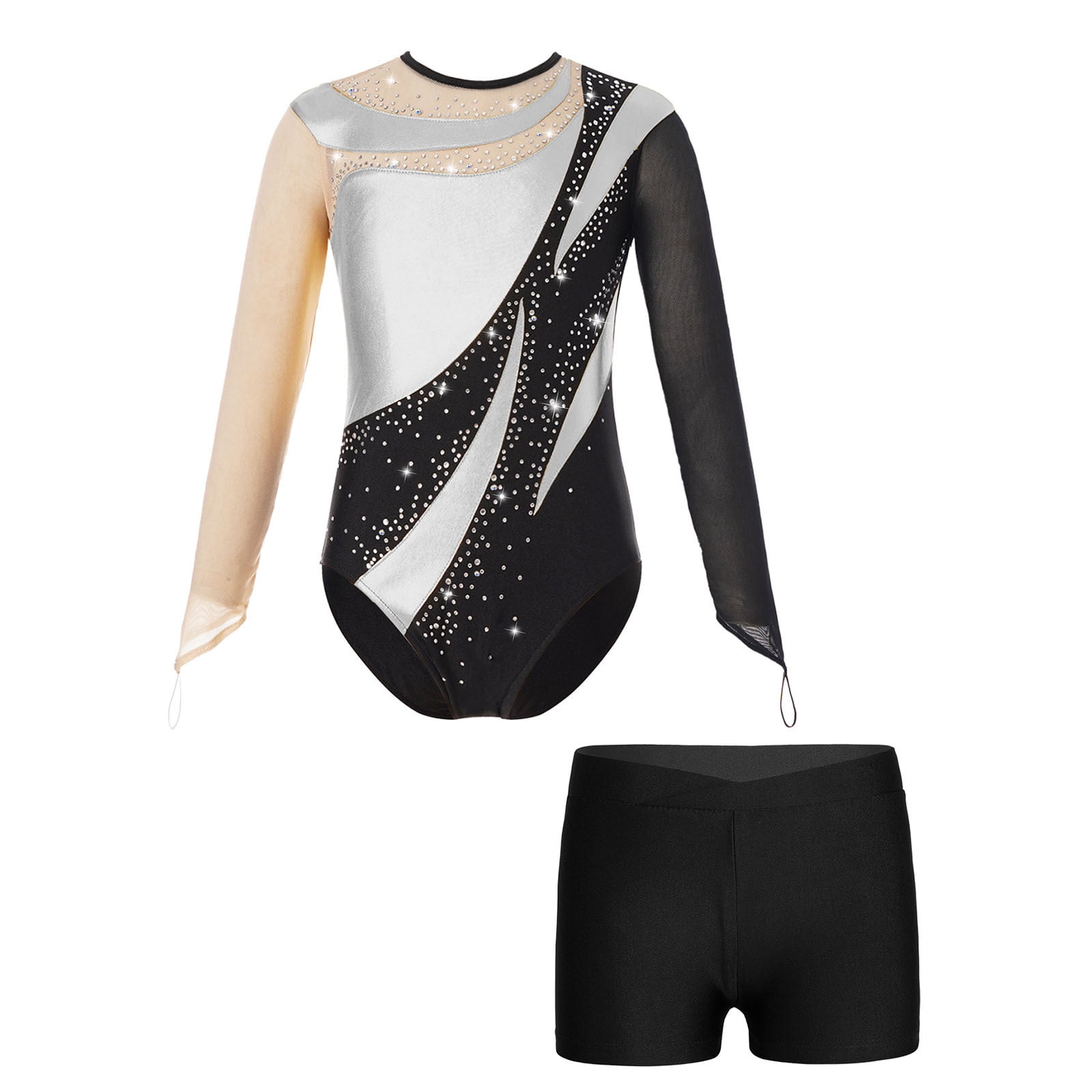 Solid Lycra Mesh 3/4 Sleeve Round Neck Leotard Gymnastics