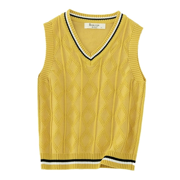 Fldy Kids Boys Girls V-neck Knit Sweater Vest Jacket Sleeveless Crochet Casual Waistcoat School Yellow 110