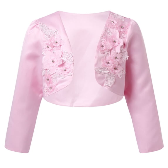 Fldy Kids Flower Girls Cover Up Bolero Long Sleeve Floral Embroidery Pageant Wedding Shrug Cardigan Pink 110