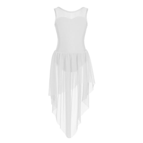 Fldy Kids Girl's Lyrical Dress Cutout Back Irregular High-Low Skirt Sleeveless Dance Competition Costumes White 6