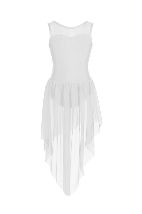 Kids Girl's Lyrical Dress Cutout Back Irregular High-Low Skirt Sleeveless Dance Competition Costumes White 6