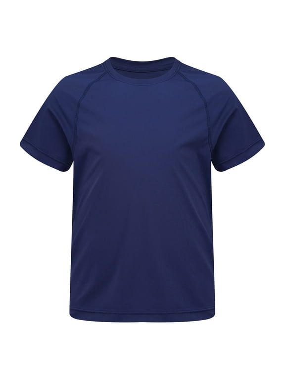 Kids Girls Athletic Performance T-Shirt Dry Fit Sports Tops Activewear Solid Color Plain Basic Navy Blue 130