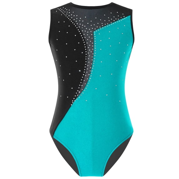 Fldy Kids Girls Ballet Gymnastic Leotard Dance Bodysuit One Piece Sleeveless Mesh Spliced Rhinestone Blue Green 8