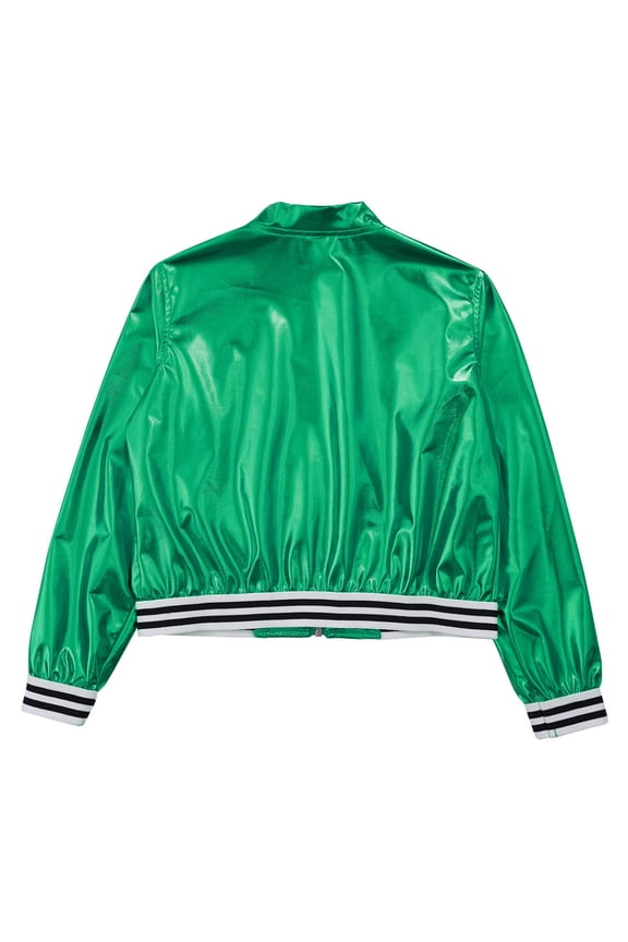 Kids Girls Boys Jazz Dance Disco Costume Zip Up Metallic Bomber Jacket Coat Long Sleeve Top Green 6