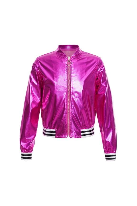 Kids Girls Boys Jazz Dance Disco Costume Zip Up Metallic Bomber Jacket Coat Long Sleeve Top Rose 6