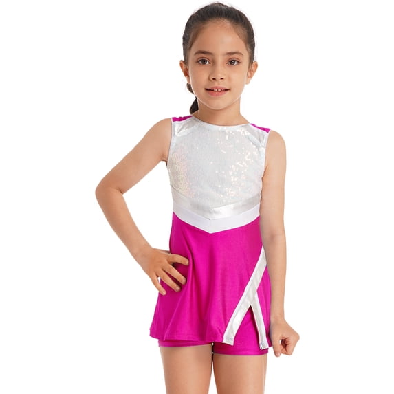 Fldy Kids Girls Cheer Leader Costumes Cheerleading Uniform Shiny Sequins Dance Dress with Shorts Rose 14