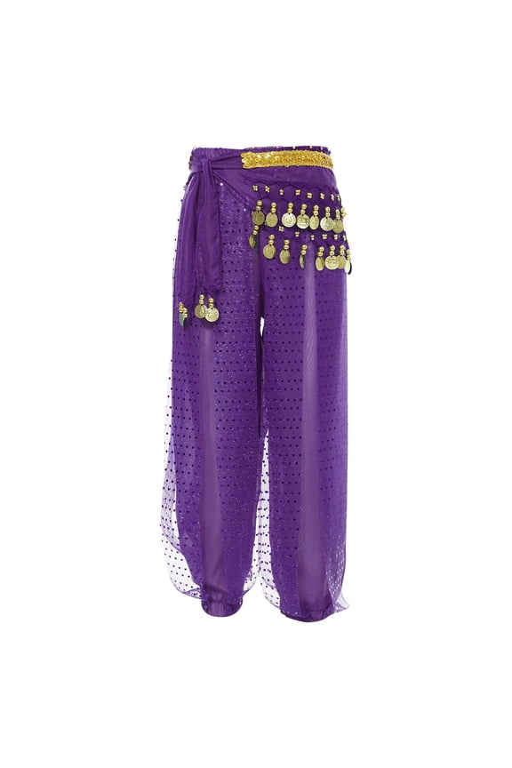 Kids Girls Chiffon Belly Dance Harem Pants Tribal Arabic Halloween Trousers Performance Bottoms Purple L