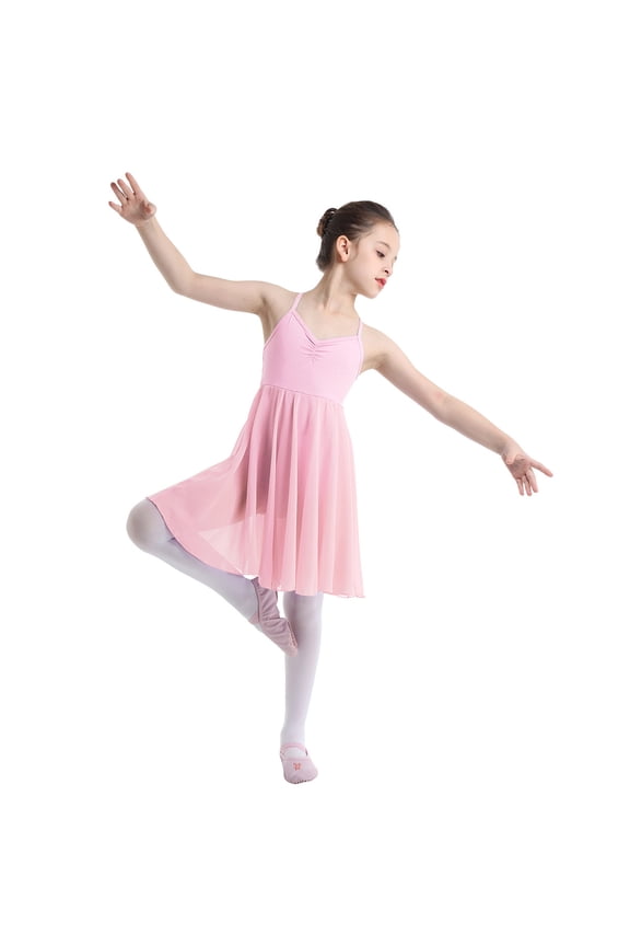 Kids Girls Criss Cross Ballet Dance Tutu Dress Gymnastics Dress Leotard Latin Lyrical Dresses Pink XL