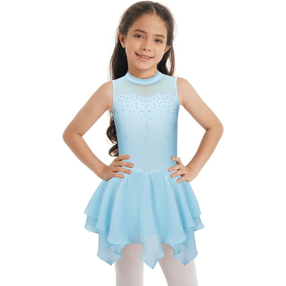 Fldy Kids Girls Figure Ice Skating Leotard Dress Mesh Splice Rhinestone Roller Skating Dance Light Blue 6